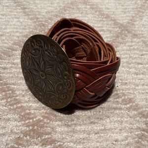 Ralph Lauren Braided Leather Belt with Ornate Brass Buckle